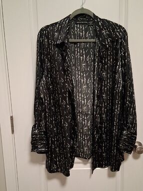 Impressions Black Button-Up Blouse with White Abstract Print